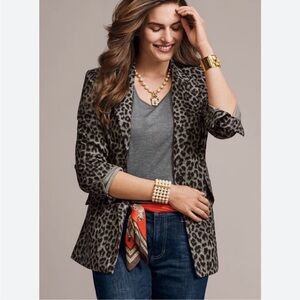 CAbi Jungle Jacket Womens Blazer Size 4 Gray Black Leopard Print Stretch